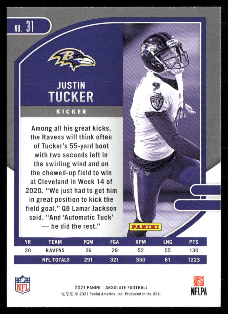 Justin Tucker 2021 Panini Absolute Retail #31 Baltimore Ravens