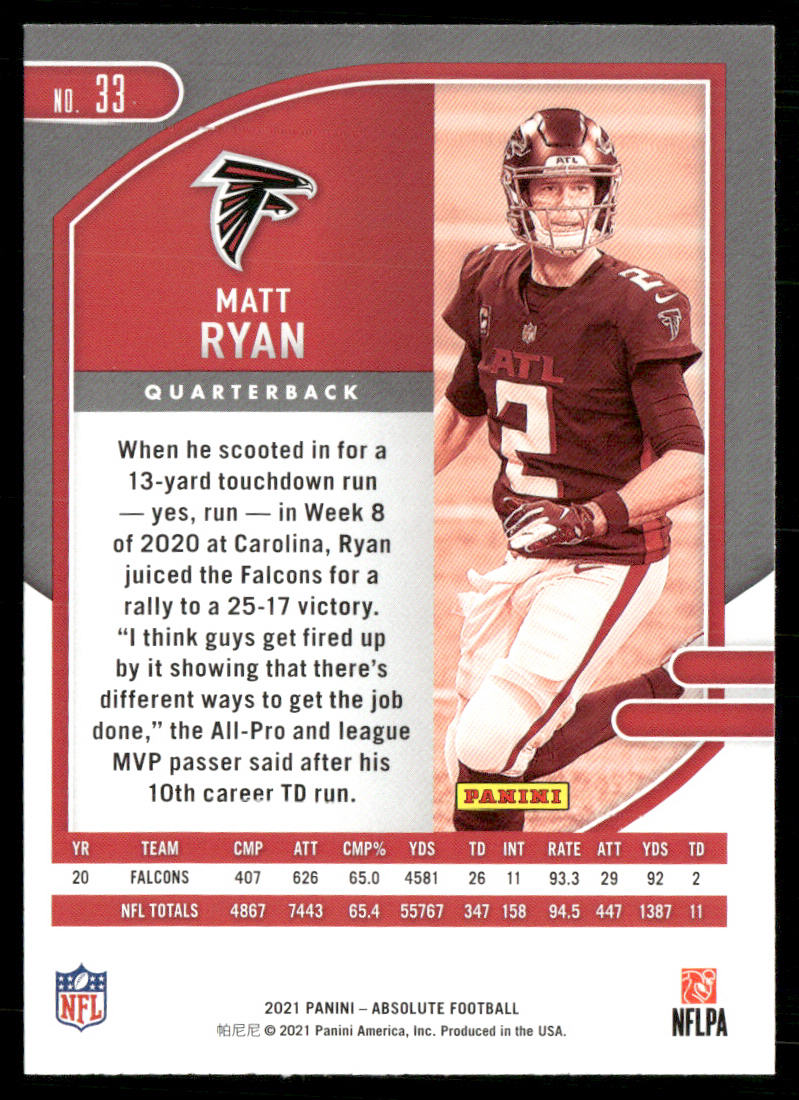 Matt Ryan 2021 Panini Absolute Retail #33 Atlanta Falcons