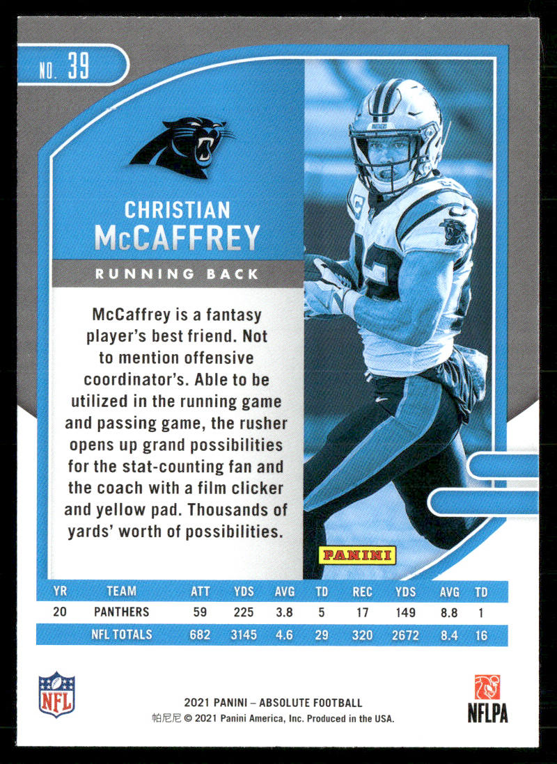 Christian McCaffrey 2021 Panini Absolute Retail #39 Carolina Panthers