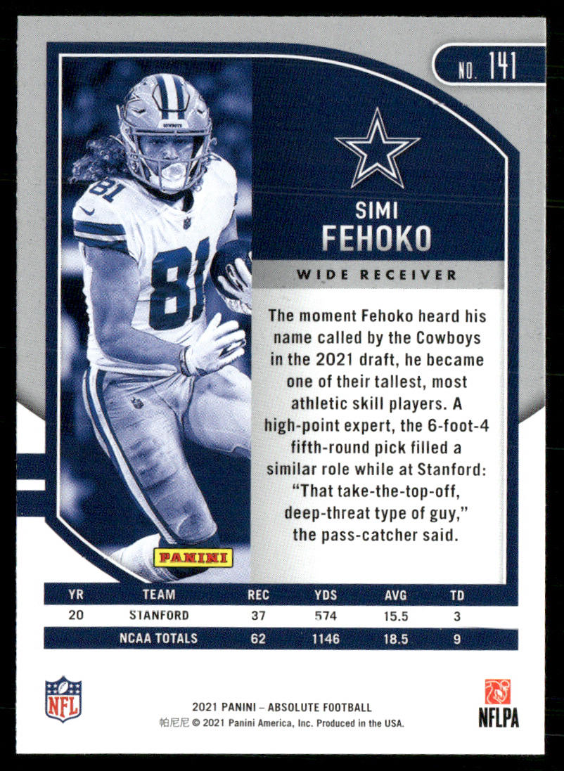 Simi Fehoko 2021 Panini Absolute Retail #141 RC Dallas Cowboys