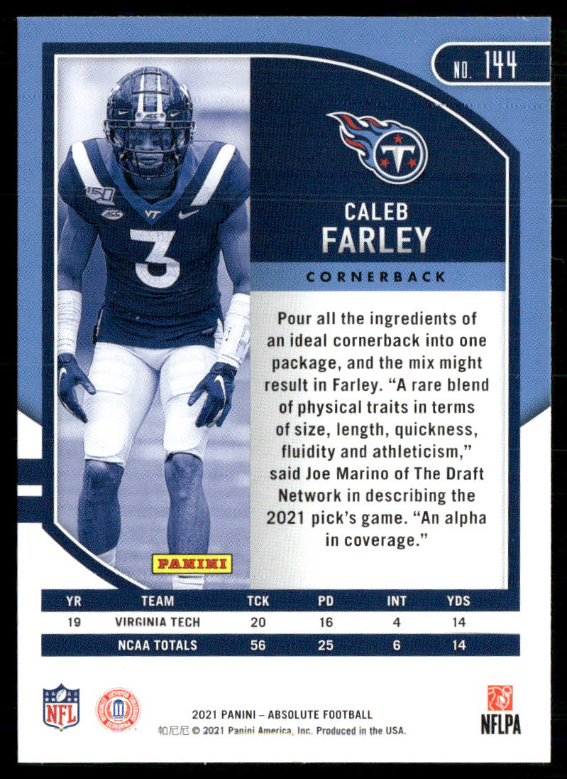 Caleb Farley 2021 Panini Absolute Retail #144 RC Tennessee Titans
