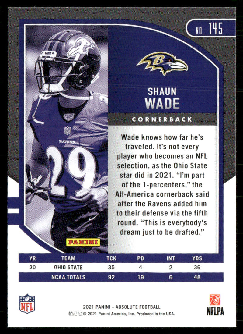 Shaun Wade 2021 Panini Absolute Retail #145 RC Baltimore Ravens