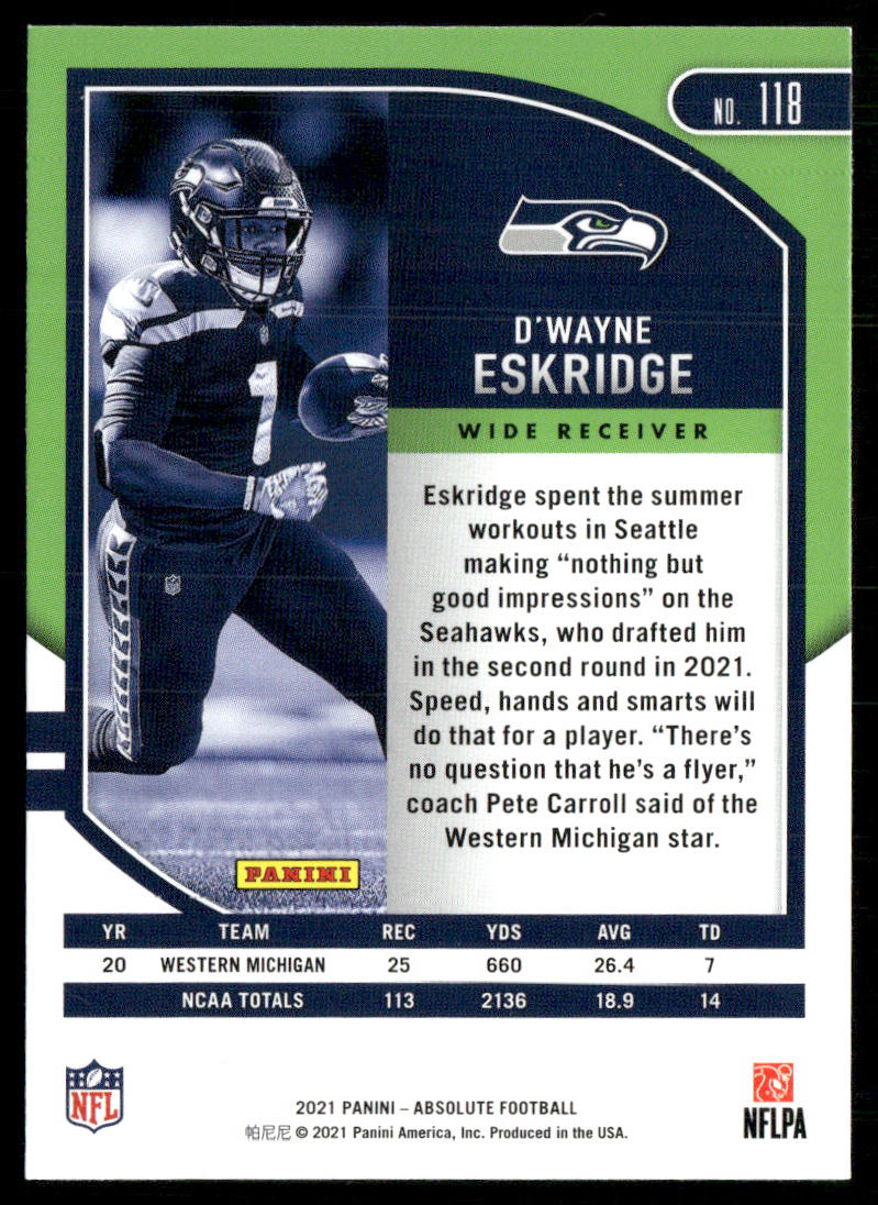 D'Wayne Eskridge 2021 Panini Absolute Retail #118 RC Seattle Seahawks