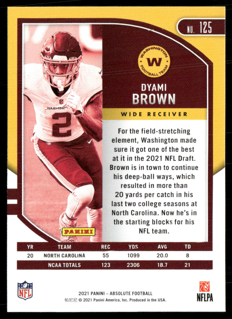 Dyami Brown 2021 Panini Absolute Retail #125 RC Washington Football Team