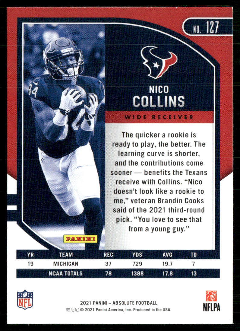 Nico Collins 2021 Panini Absolute Retail #127 RC Houston Texans