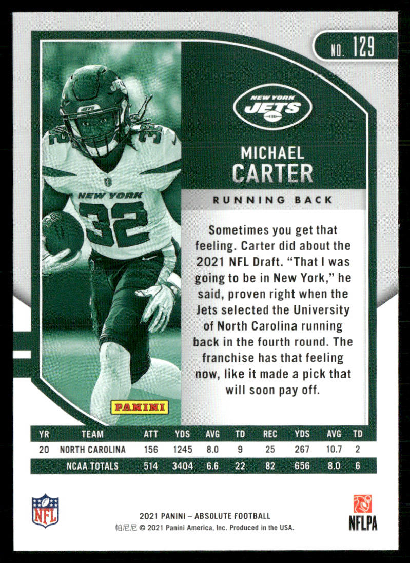 Michael Carter 2021 Panini Absolute Retail #129 RC New York Jets