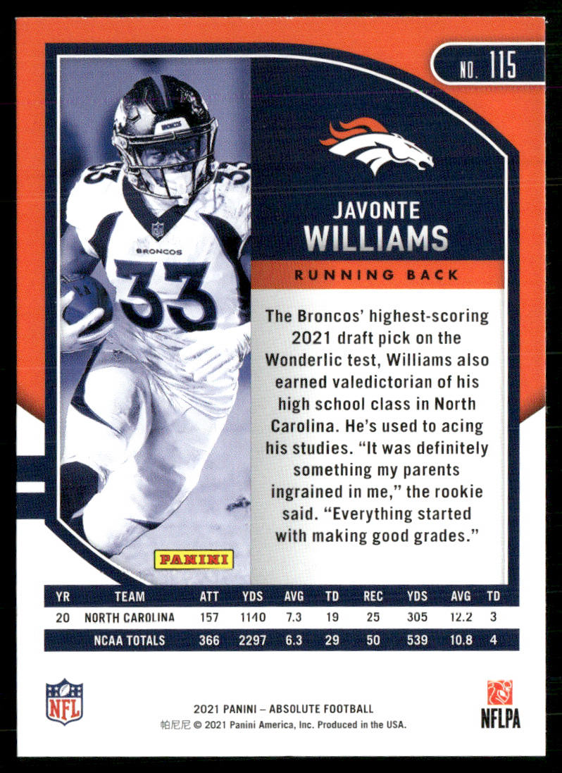 Javonte Williams 2021 Panini Absolute Retail #115 RC Denver Broncos