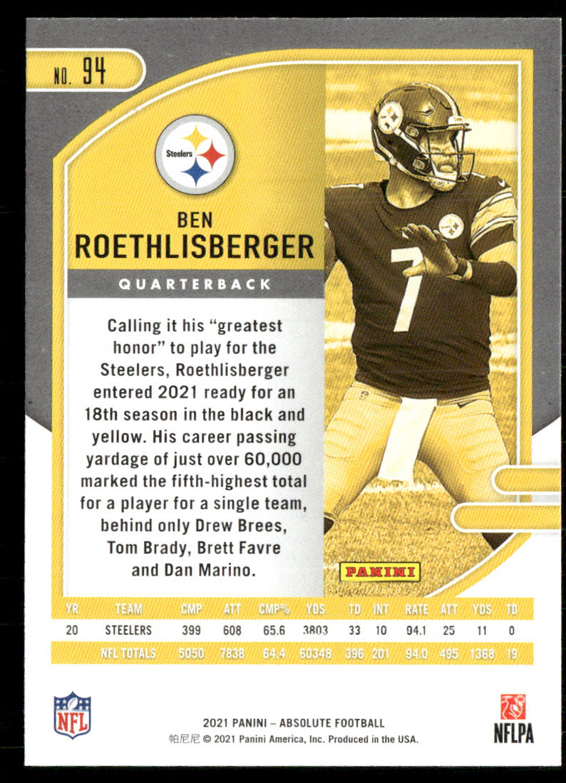 Ben Roethlisberger 2021 Panini Absolute Retail #94 Pittsburgh Steelers