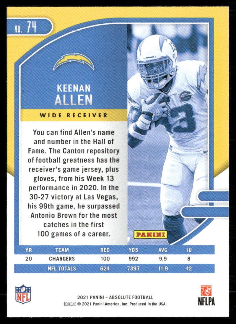 Keenan Allen 2021 Panini Absolute Retail #74 Los Angeles Chargers