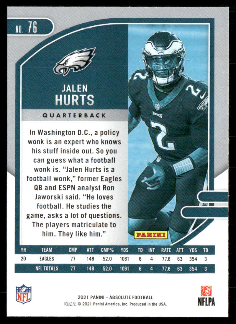 Jalen Hurts 2021 Panini Absolute Retail #76 Philadelphia Eagles
