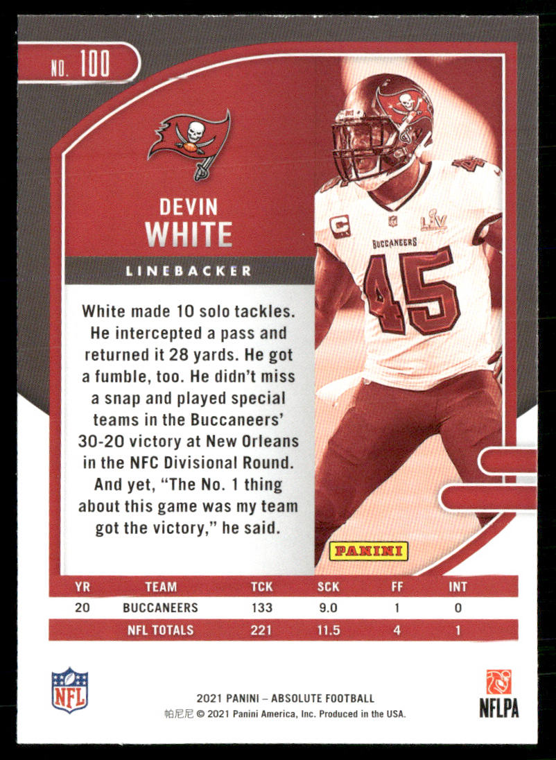 Devin White 2021 Panini Absolute Retail #100 Tampa Bay Buccaneers