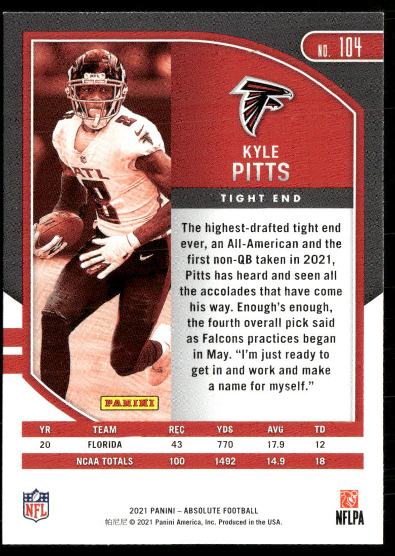 Kyle Pitts 2021 Panini Absolute Retail #104 RC Atlanta Falcons