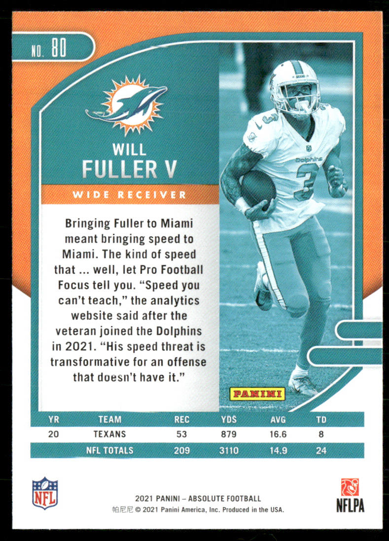 Will Fuller V 2021 Panini Absolute Retail #80 Miami Dolphins