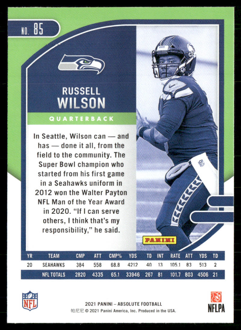 Russell Wilson 2021 Panini Absolute Retail #85 Seattle Seahawks