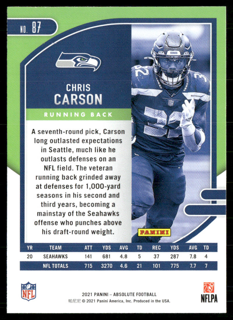 Chris Carson 2021 Panini Absolute Retail #87 Seattle Seahawks
