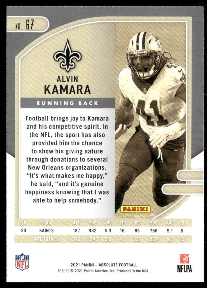 Alvin Kamara 2021 Panini Absolute Retail #67 New Orleans Saints
