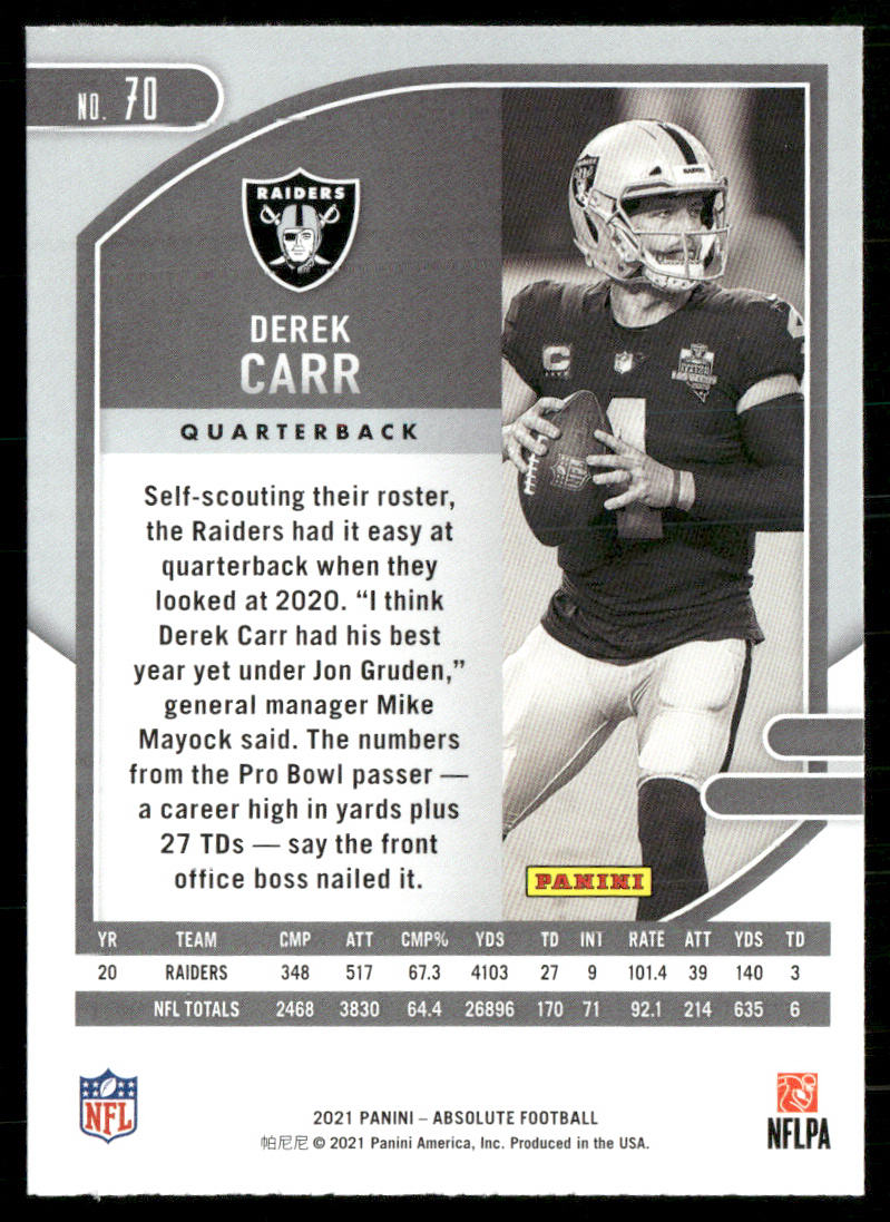 Derek Carr 2021 Panini Absolute Retail #70 Las Vegas Raiders