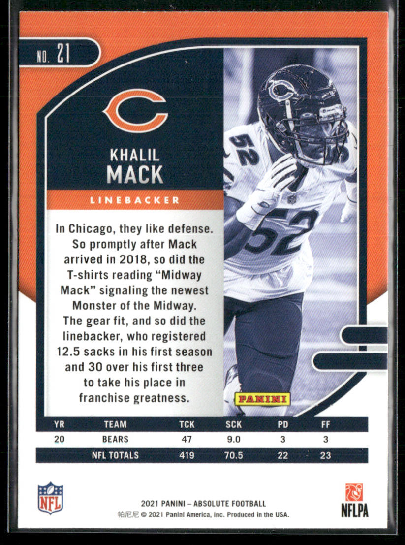 Khalil Mack 2021 Panini Absolute Green #21 Chicago Bears