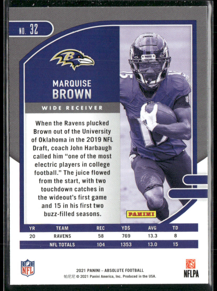 Marquise Brown 2021 Panini Absolute Green #32 Baltimore Ravens