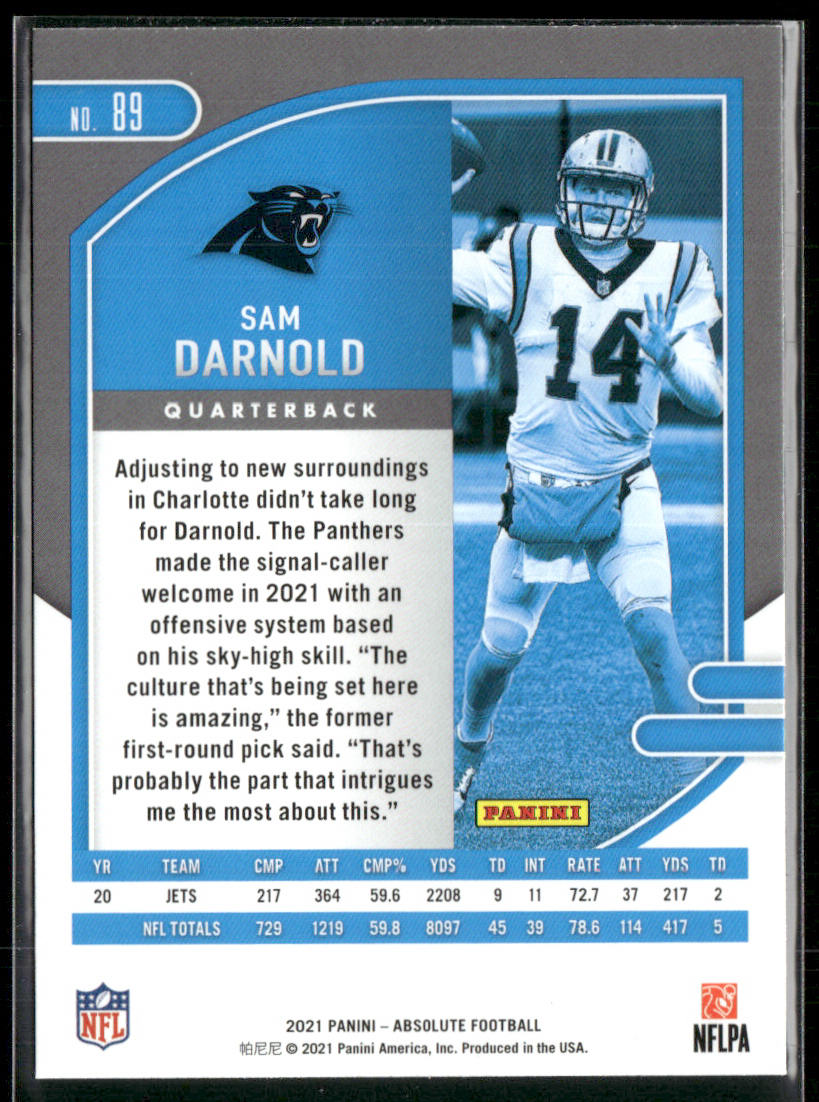 Sam Darnold 2021 Panini Absolute Green #89 Carolina Panthers
