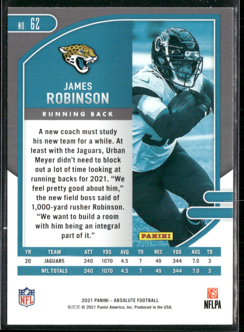 James Robinson 2021 Panini Absolute Green #62 Jacksonville Jaguars