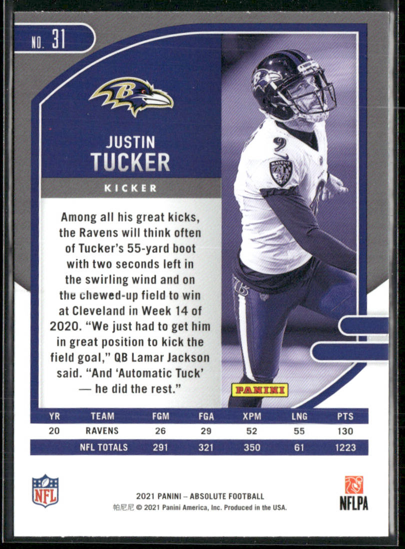 Justin Tucker 2021 Panini Absolute Green #31 Baltimore Ravens