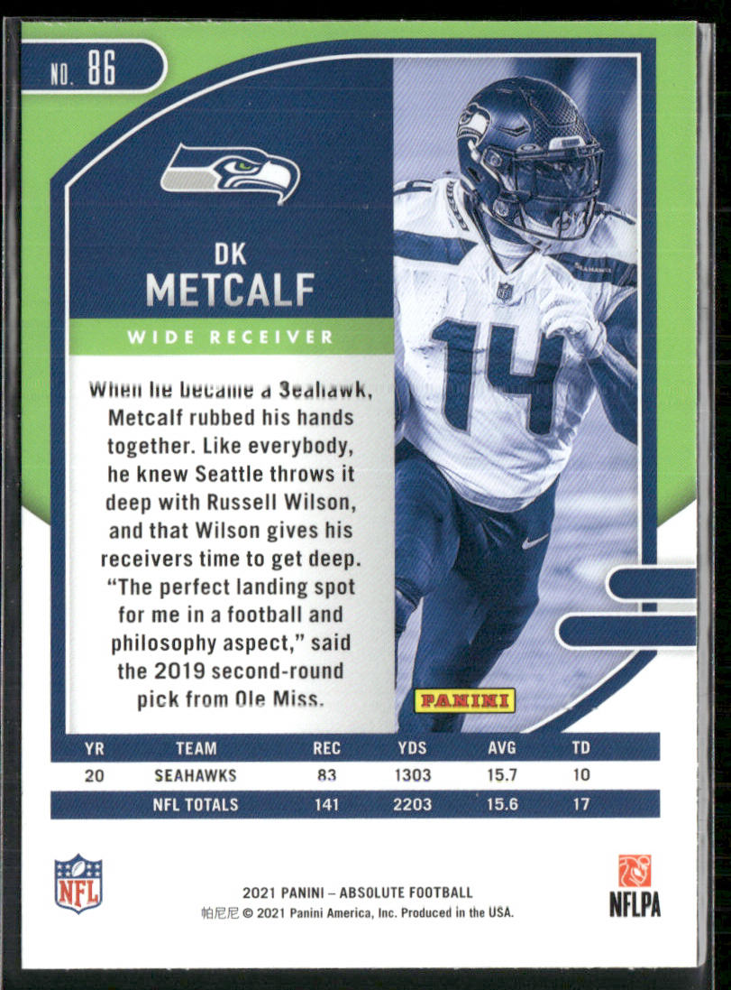 DK Metcalf 2021 Panini Absolute Green #86 Seattle Seahawks