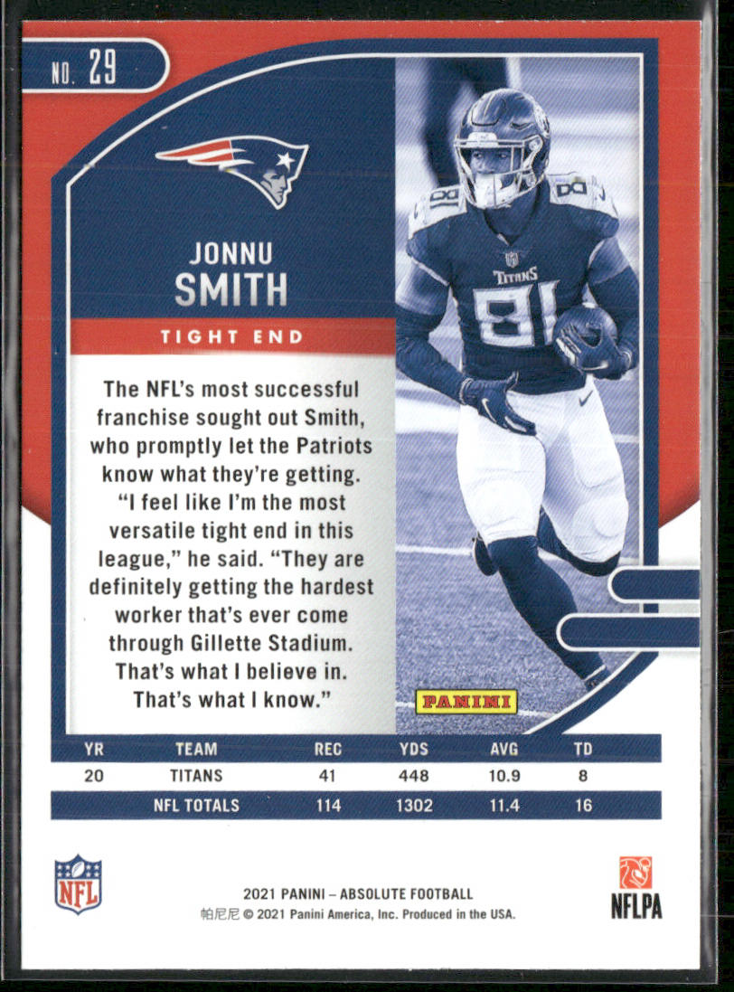 Jonnu Smith 2021 Panini Absolute Green #29 New England Patriots