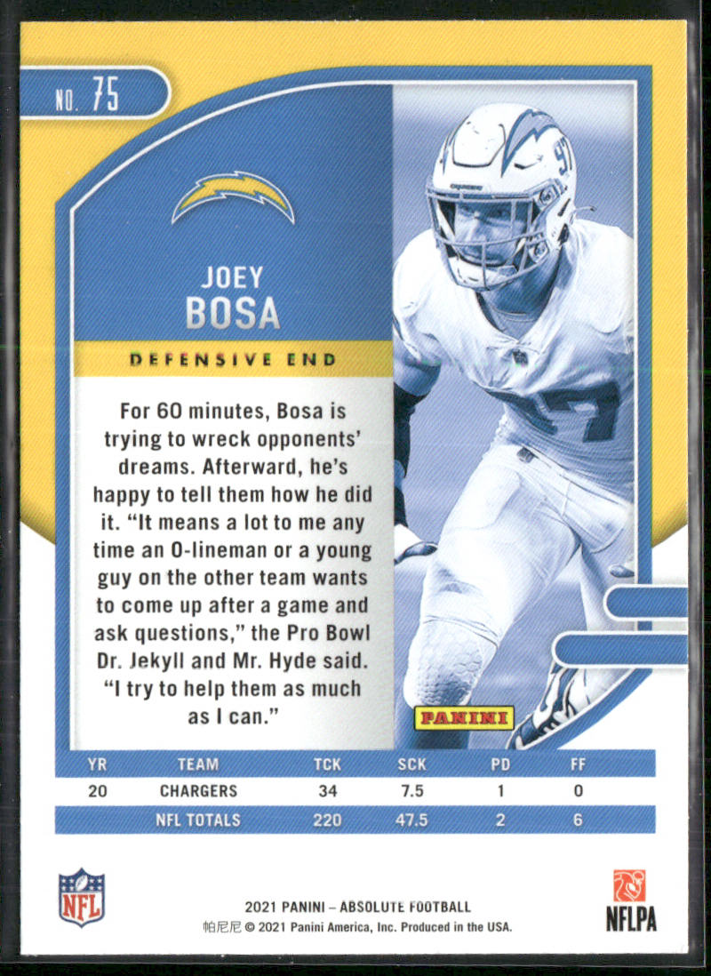 Joey Bosa 2021 Panini Absolute Green #75 Los Angeles Chargers
