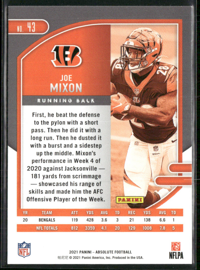 Joe Mixon 2021 Panini Absolute Green #43 Cincinnati Bengals