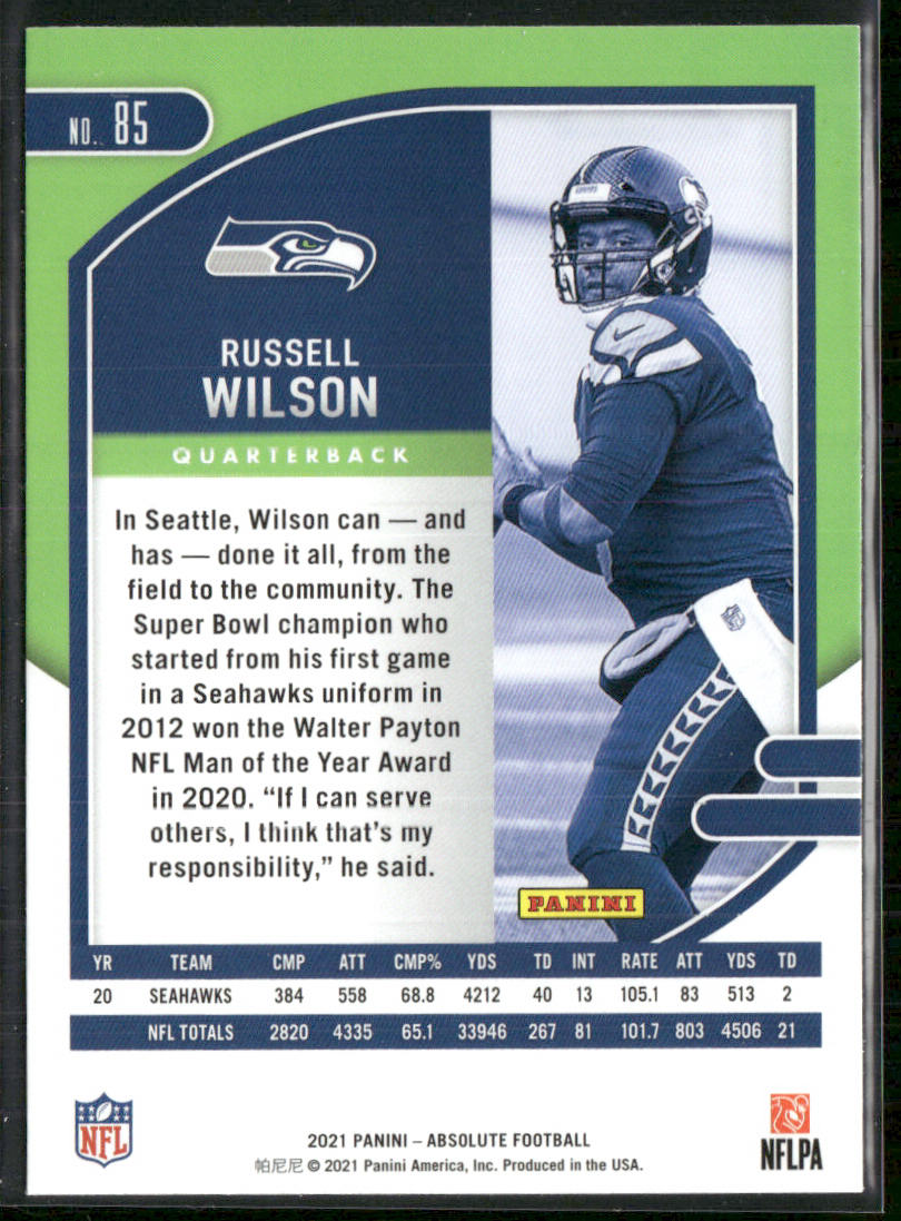Russell Wilson 2021 Panini Absolute Green #85 Seattle Seahawks