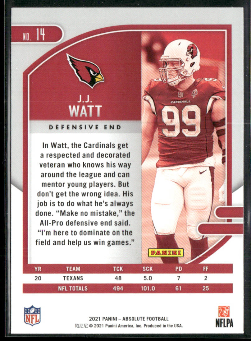 J.J. Watt 2021 Panini Absolute Green #14 Arizona Cardinals