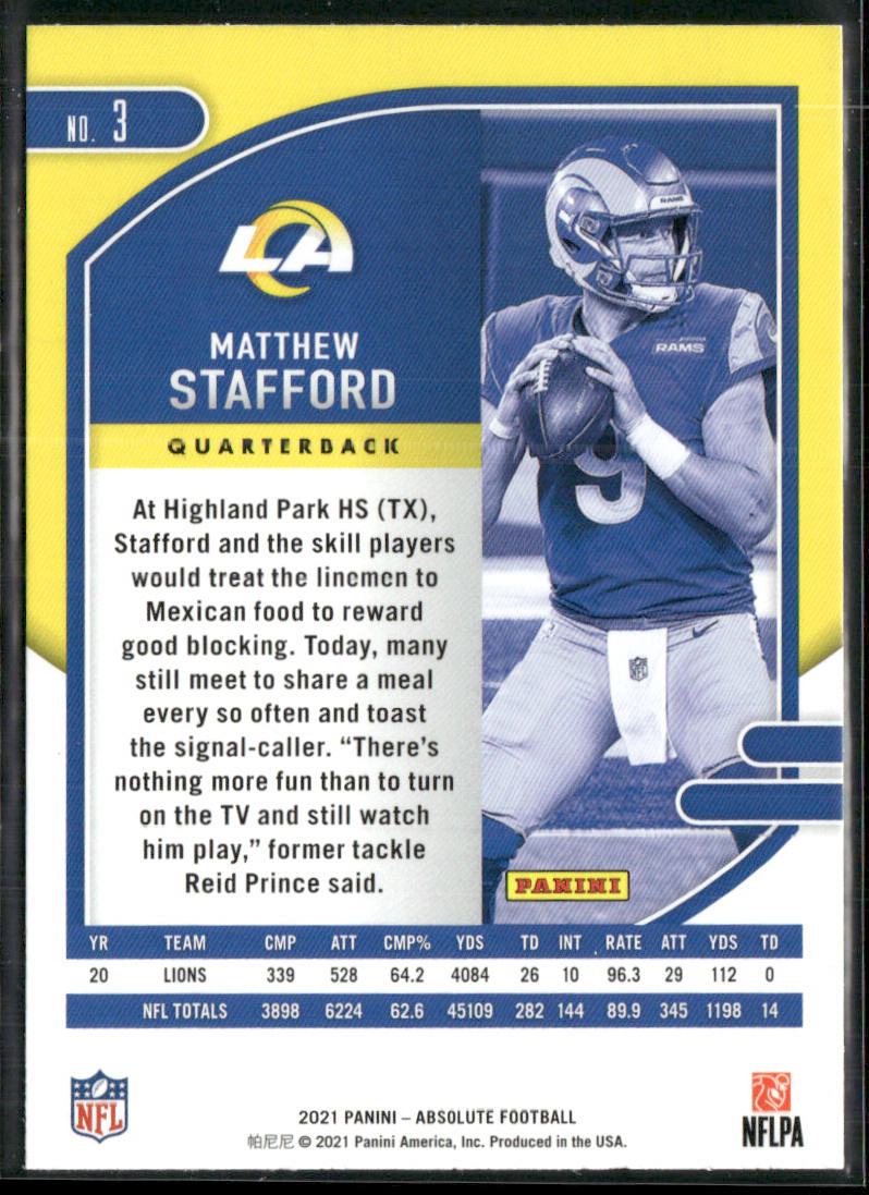 Matthew Stafford 2021 Panini Absolute Green #3 Los Angeles Rams