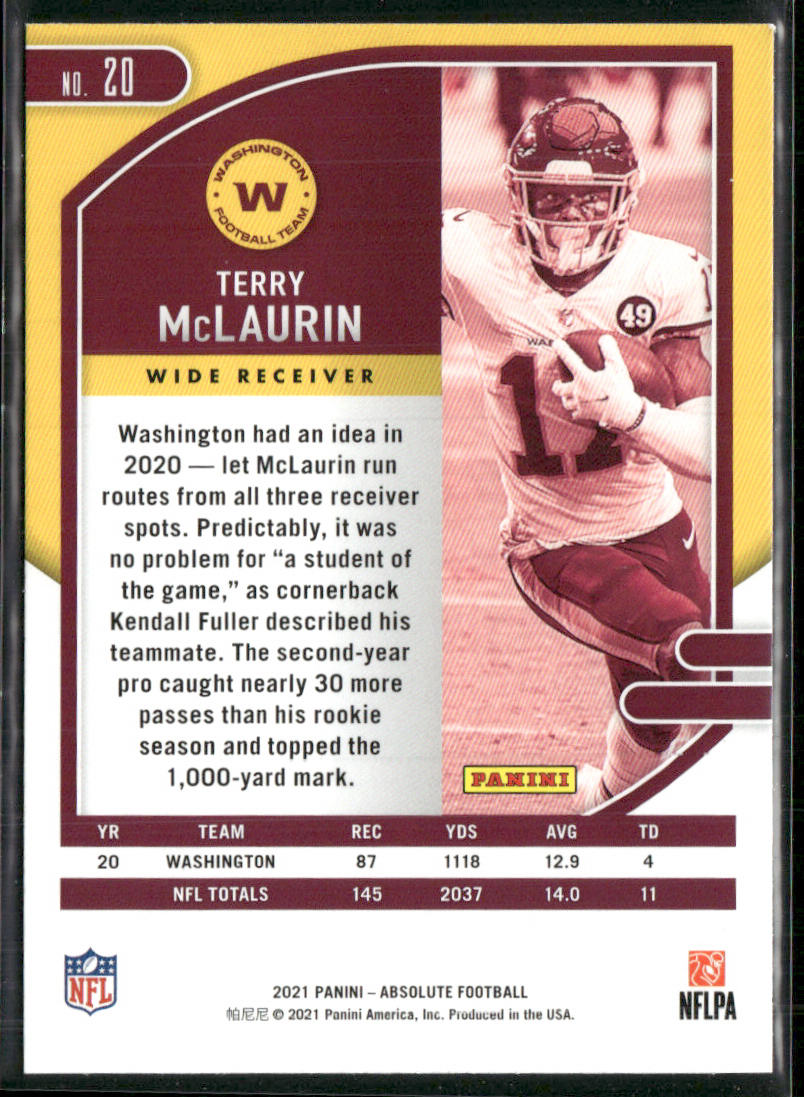 Terry McLaurin 2021 Panini Absolute Green #20 Washington Football Team