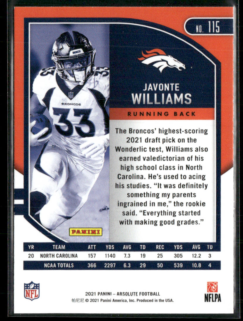 Javonte Williams 2021 Panini Absolute Red #115 Denver Broncos