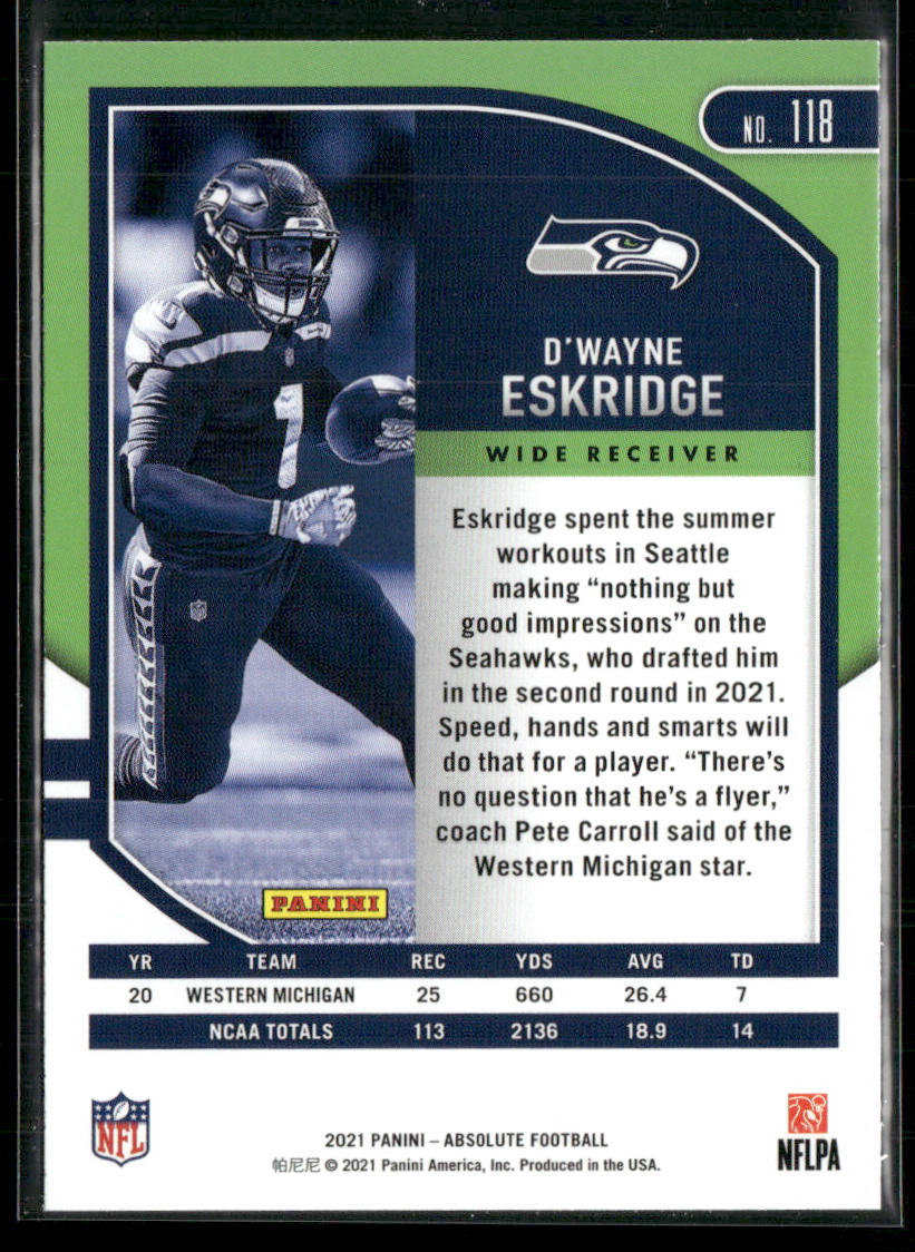 D'Wayne Eskridge 2021 Panini Absolute Green #118 Seattle Seahawks