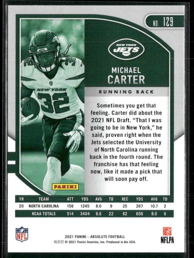Michael Carter 2021 Panini Absolute Green #129 New York Jets