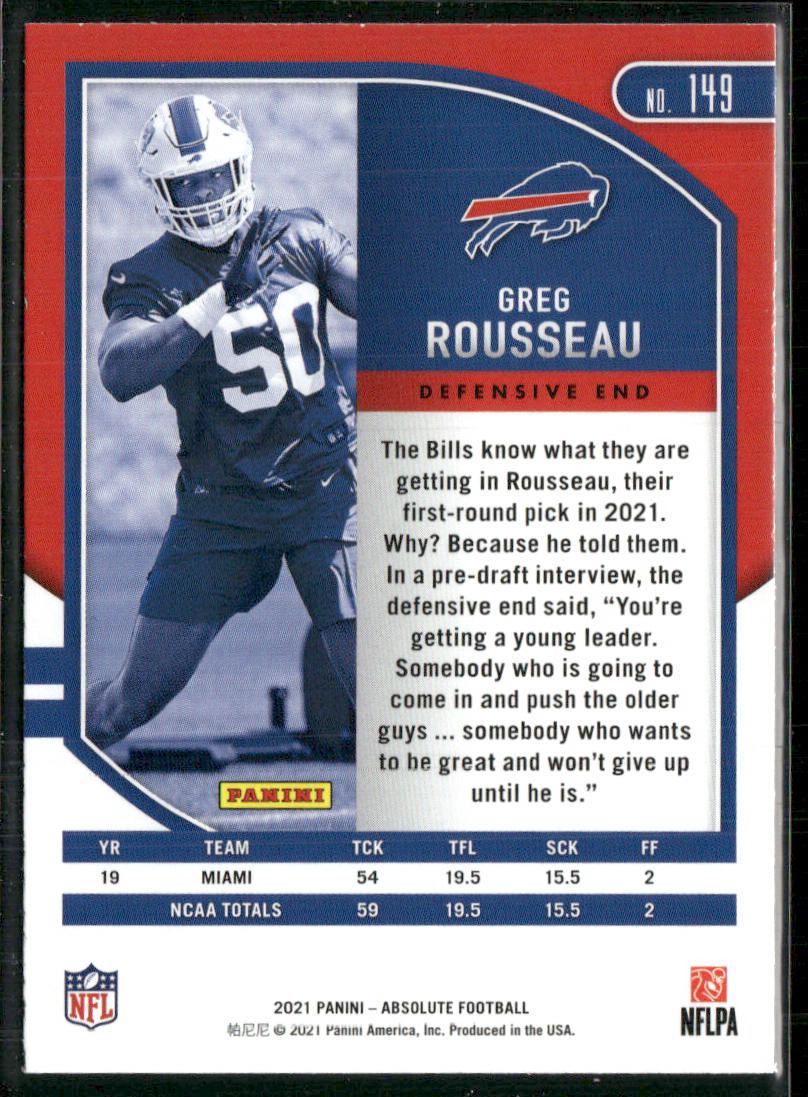 Greg Rousseau 2021 Panini Absolute Green #149 Buffalo Bills