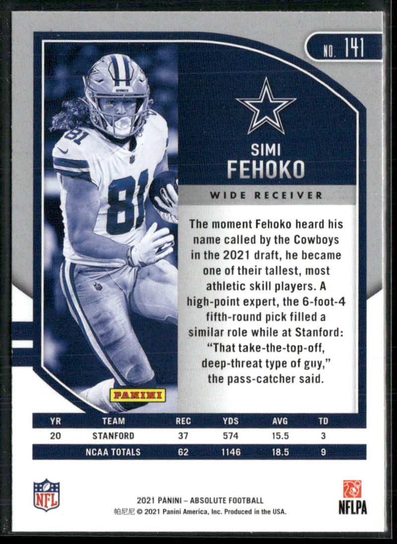 Simi Fehoko 2021 Panini Absolute Green #141 Dallas Cowboys