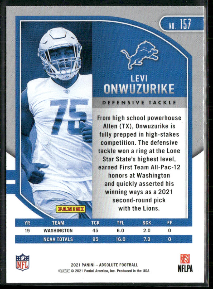 Levi Onwuzurike 2021 Panini Absolute Green #157 Detroit Lions