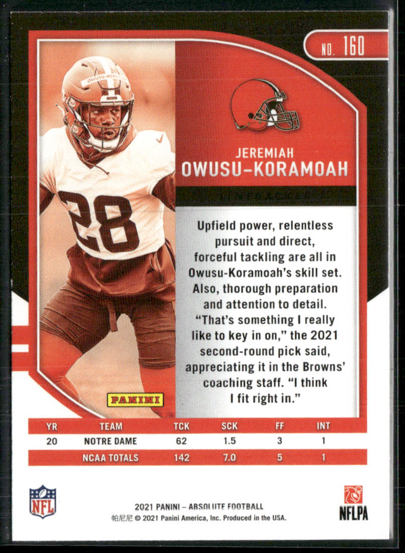 Jeremiah Owusu-Koramoah 2021 Panini Absolute Green #160 Cleveland Browns