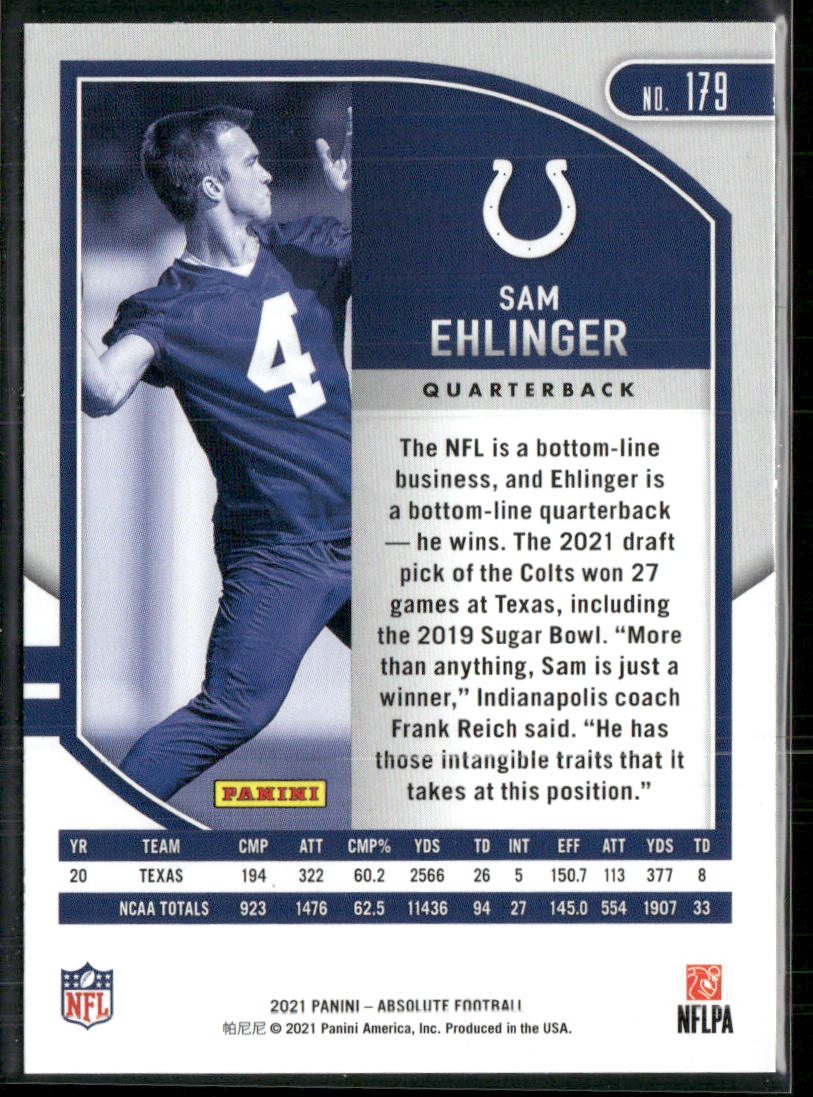 Sam Ehlinger 2021 Panini Absolute Green #179 Indianapolis Colts