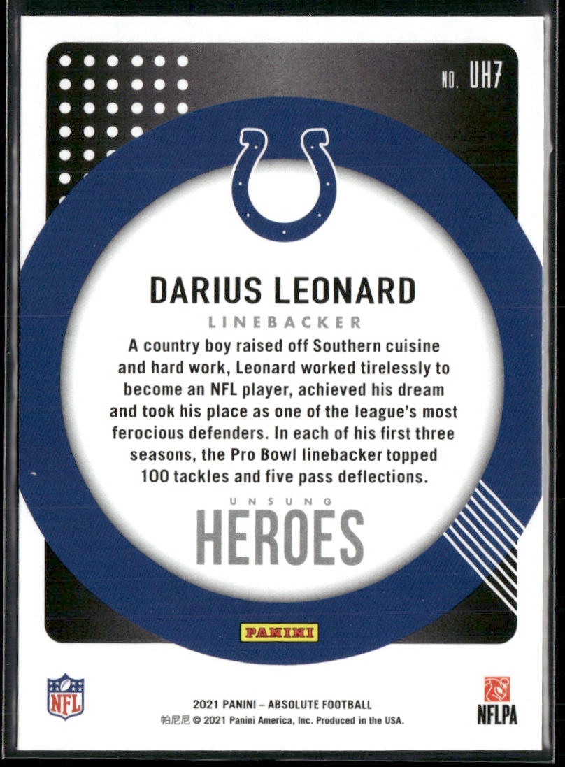 Darius Leonard 2021 Panini Absolute Unsung Heroes #UH7 Indianapolis Colts
