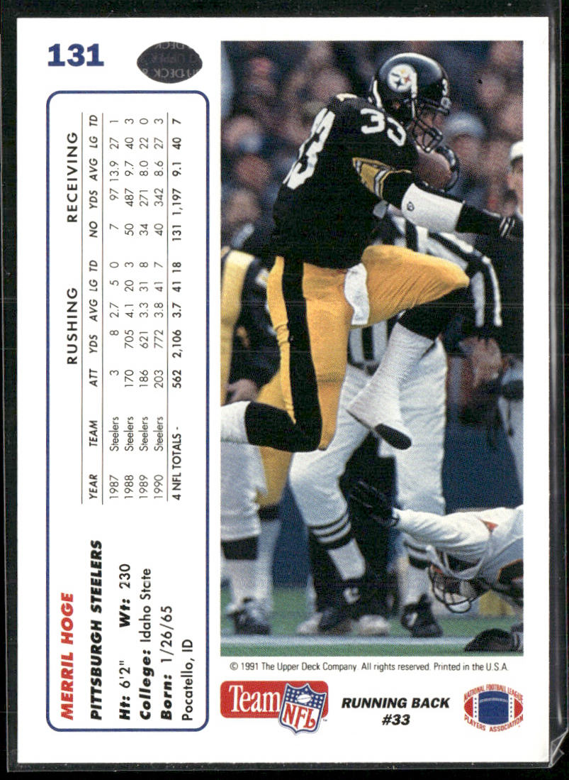 Merril Hoge 1991 Upper Deck #131b Pittsburgh Steelers