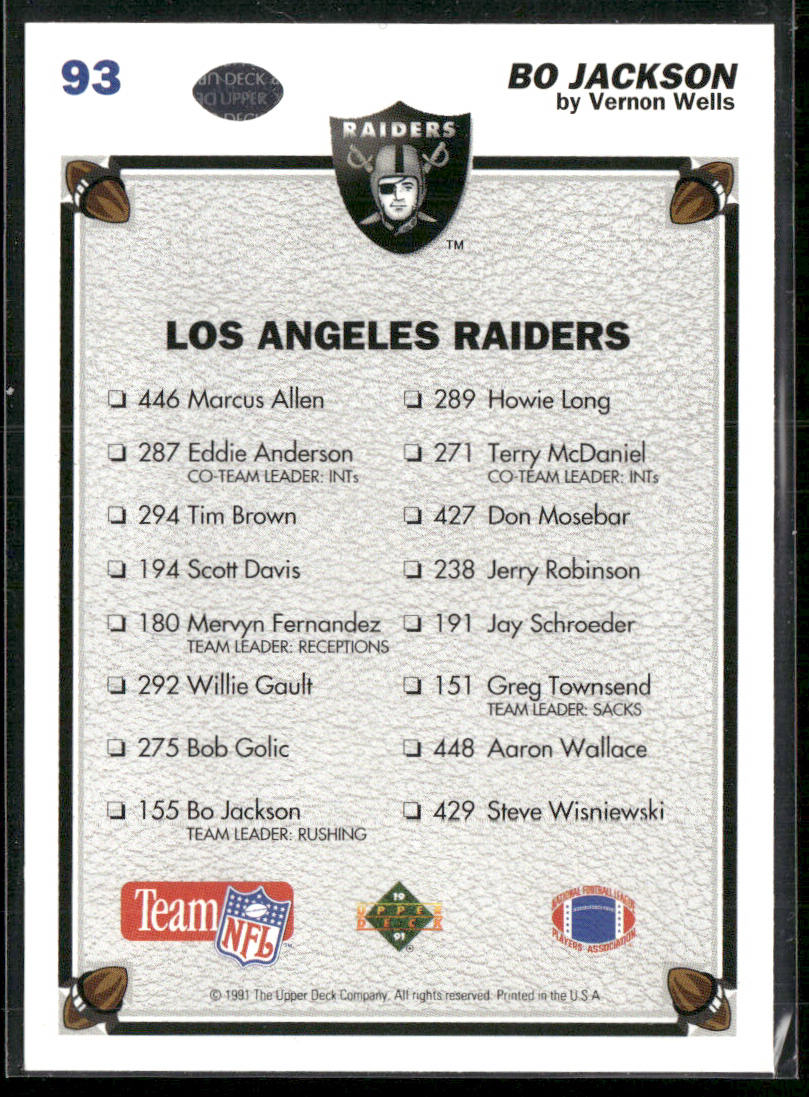 Bo Jackson 1991 Upper Deck #93 Los Angeles Raiders