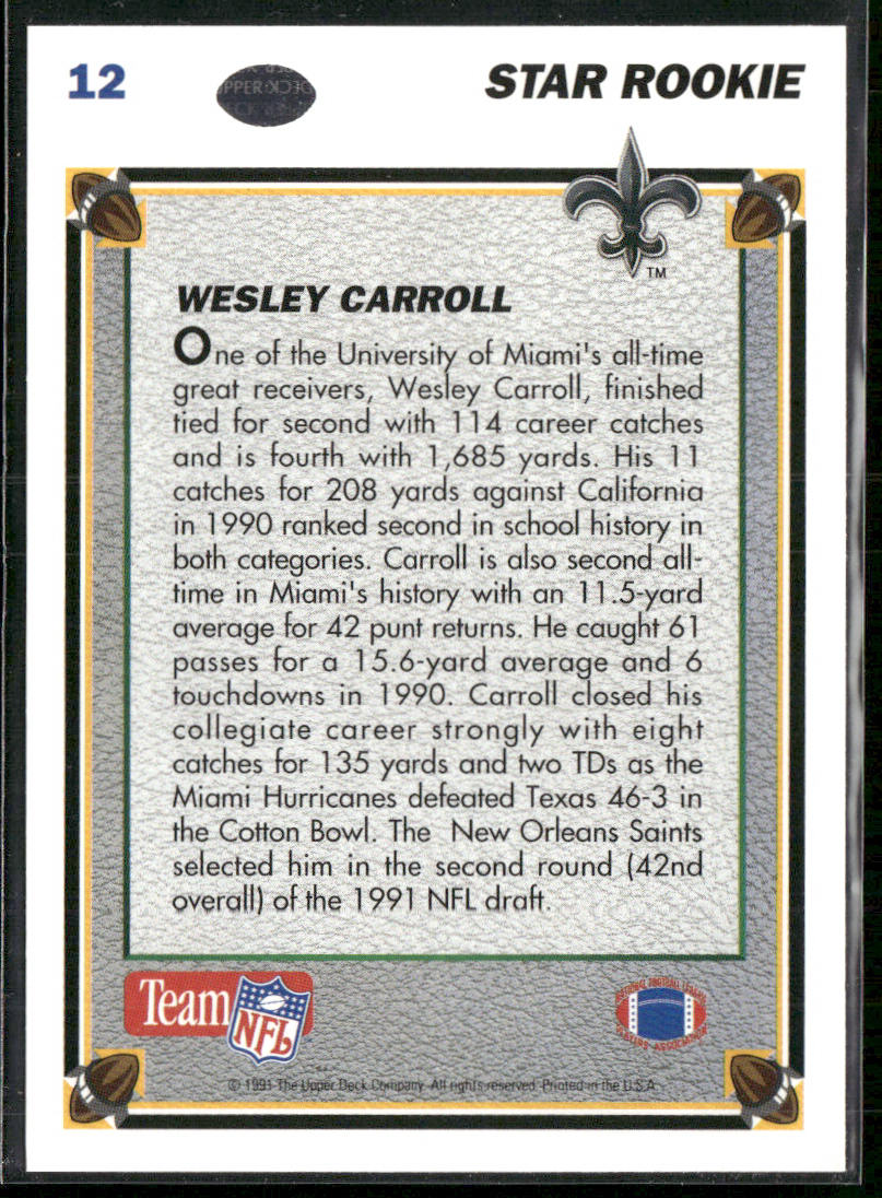 Wesley Carroll 1991 Upper Deck #12 RC New Orleans Saints