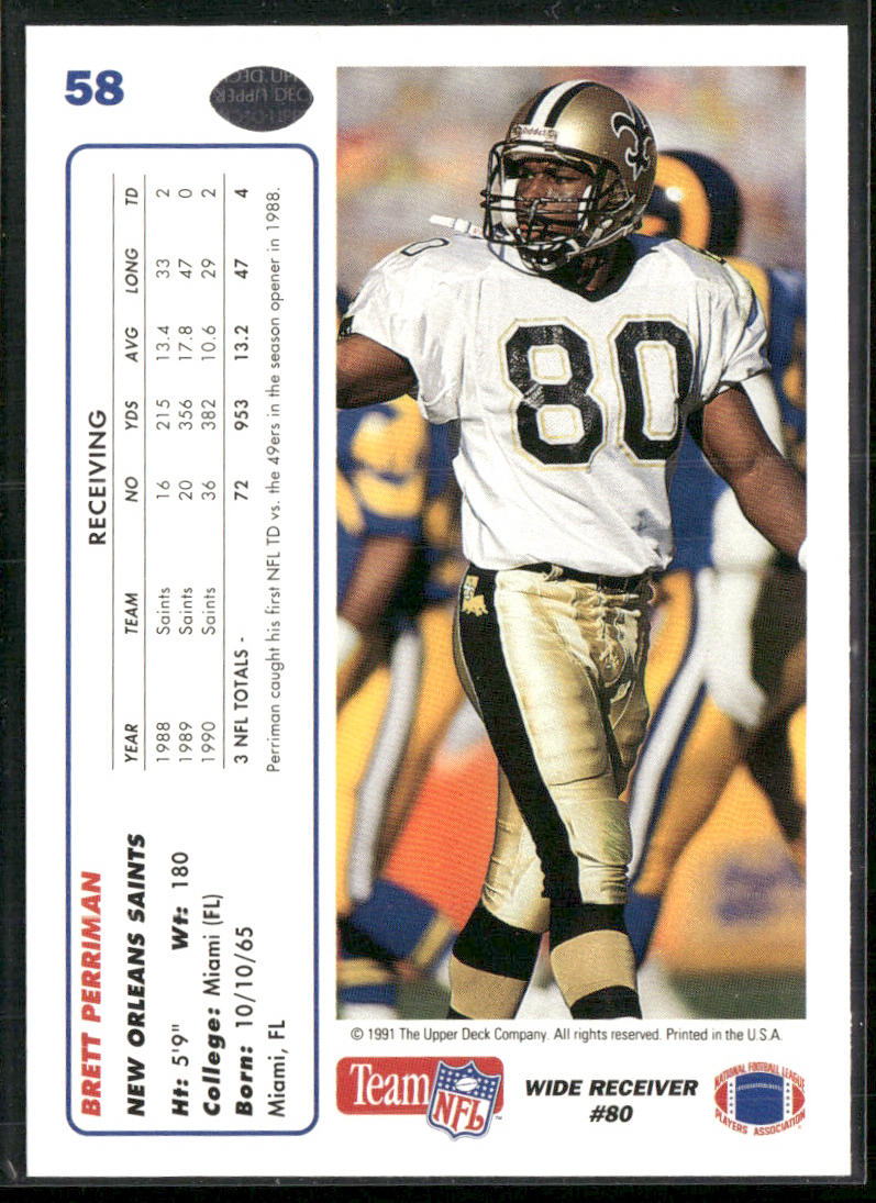 Brett Perriman 1991 Upper Deck #58c New Orleans Saints
