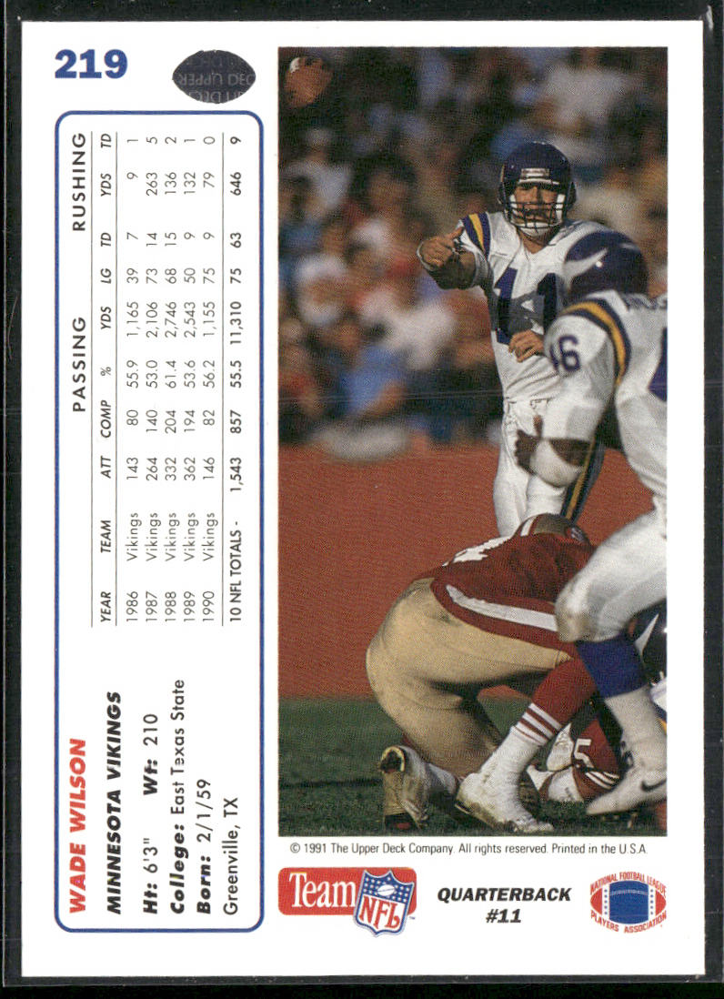 Wade Wilson 1991 Upper Deck #219c Minnesota Vikings
