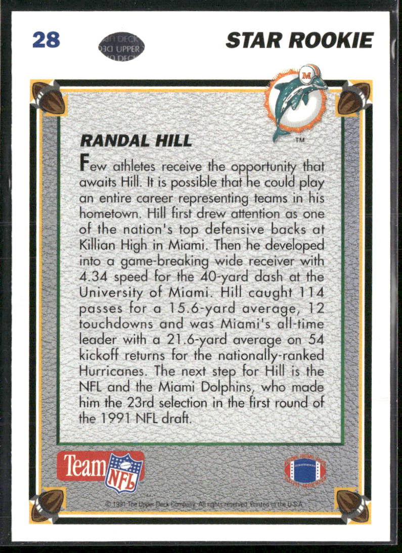 Randal Hill 1991 Upper Deck #28c RC Miami Dolphins