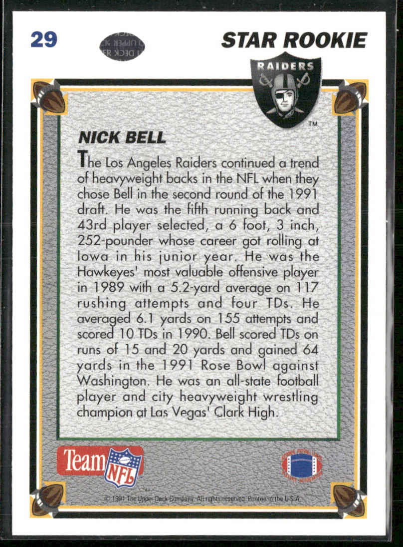 Nick Bell 1991 Upper Deck #29c RC Los Angeles Raiders